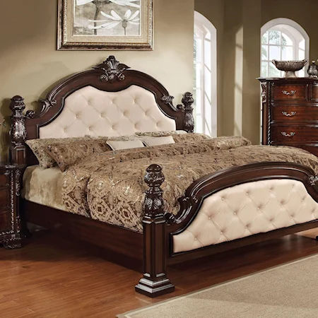 Traditional California King Poster Bed with Button Tufted Head and Footboard